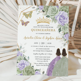 Convite Sage Green Purple Lavanda Floral Twin Quinceañera