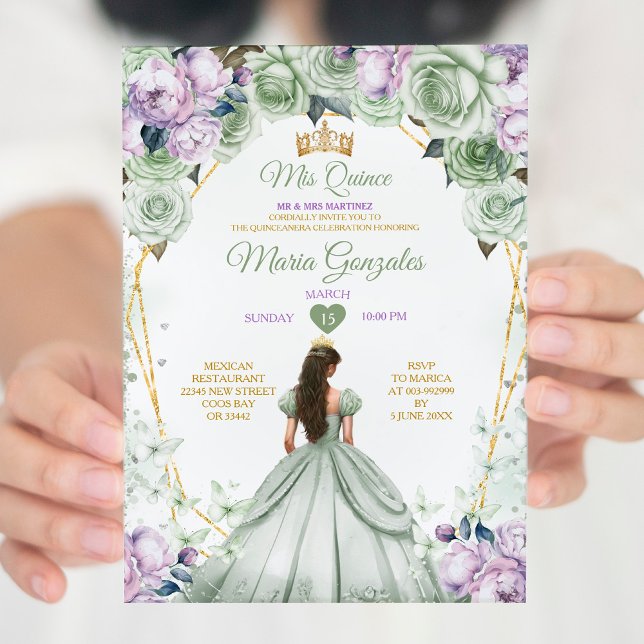 Convite Sage Green Purple Mis Quince 15 Anos Crown (Criador carregado)