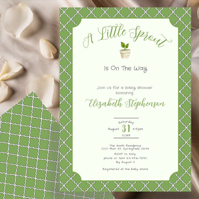 Convite Sage Green Quatrefoil Little Sprout Baby Shower (Criador carregado)