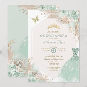 Convite Sage Green Quinceañera Boho Floral Birthday