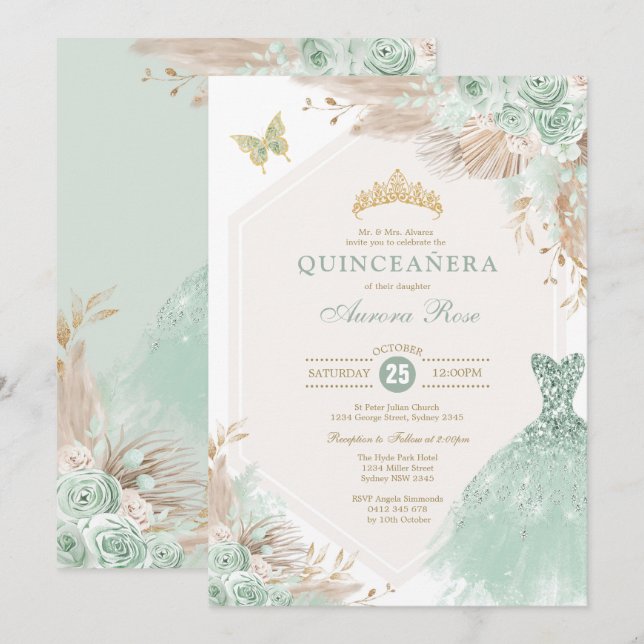 Convite Sage Green Quinceañera Boho Floral Birthday (Frente/Verso)