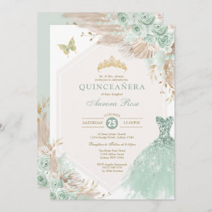 Convite Sage Green Quinceañera Boho Floral Birthday