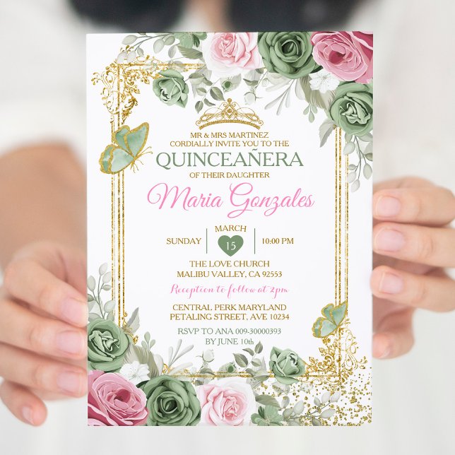 Convite Sage Green Quinceañera Dourada Borboleta Rosa (Criador carregado)