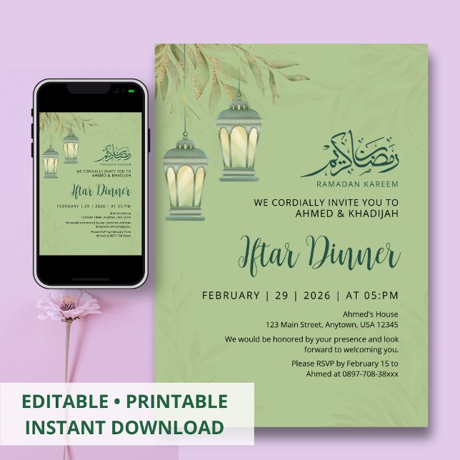 Convite Sage Green Ramadan Iftar Leaves Lantern Invitation (Criador carregado)