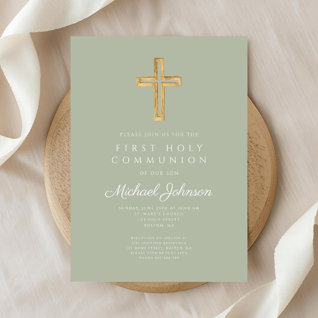 Convite Sage Green Religious Cross Boy First Communion (Sage Green Religious Cross Boy First Communion Invitation)