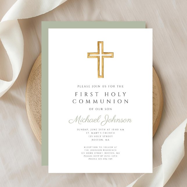 Convite Sage Green Religious Cross Boy First Communion (Sage Green Religious Cross Boy First Communion Invitation)