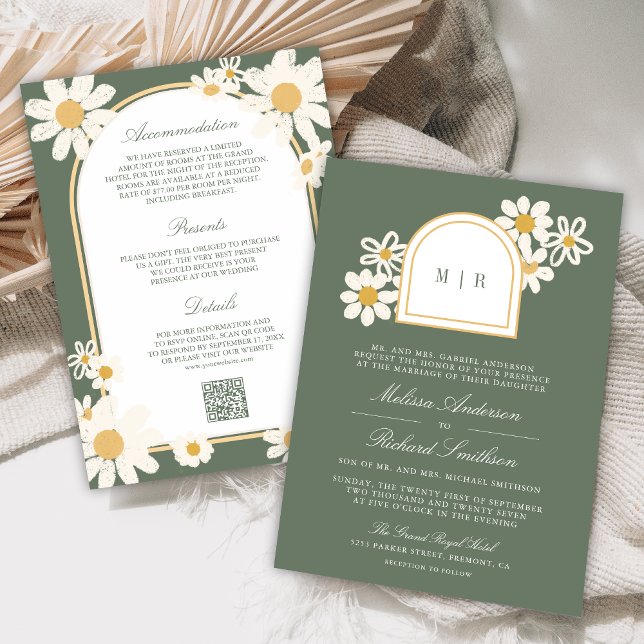 Convite Sage Green Retro Yellow Daisy All in One Wedding (Criador carregado)