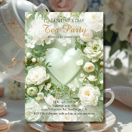 Convite Sage Green Rococo Floral Heart Galentine Elegance