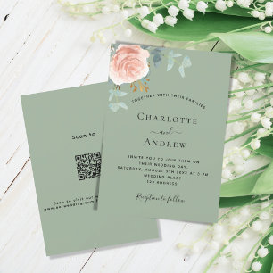 Convite Sage green rosa gold blush QR RSVP detalhes do cas