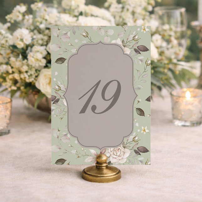 Convite Sage Green Rose Wedding Table Numbers 10–19 (Criador carregado)