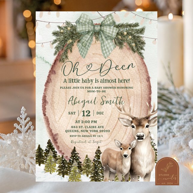 Convite Sage Green Rustic Winter Deer Baby Shower (Criador carregado)