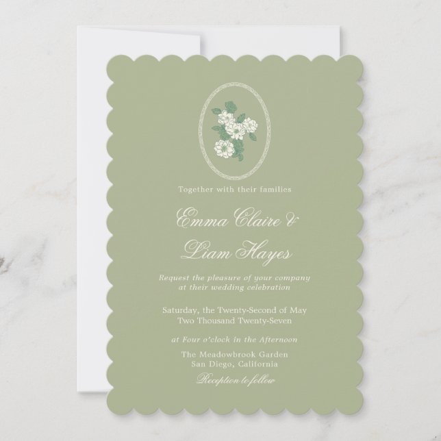 Convite Sage Green Scalloped Wedding Invitation (Frente)