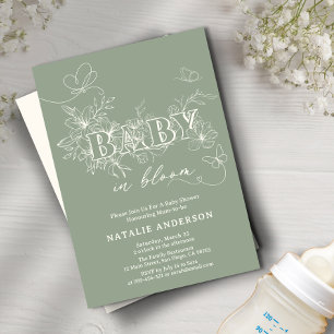 Convite Sage Green Script Flower Butterflies Baby In Bloom