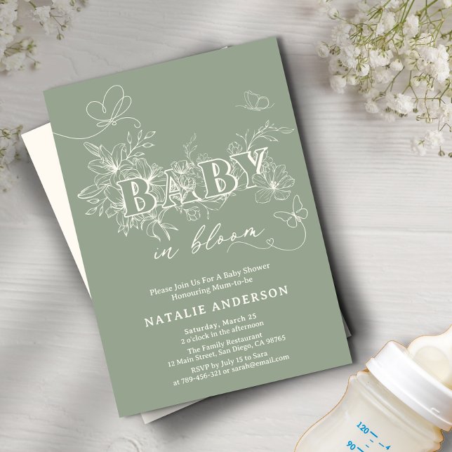 Convite Sage Green Script Flower Butterflies Baby In Bloom (Sage Green Script Flower Butterflies Baby In Bloom Invitation)