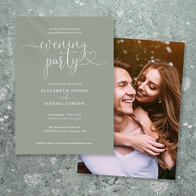 Convite Sage Green Script Foto do Partido da Noite de Casa (Sage Green Script Photo Wedding Evening Party Invitation)