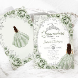 Convite Sage Green Silver Floral Quinceanera