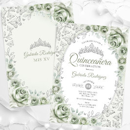 Convite Sage Green Silver Floral Quinceanera