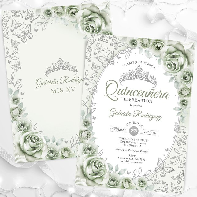 Convite Sage Green Silver Floral Quinceanera (Criador carregado)