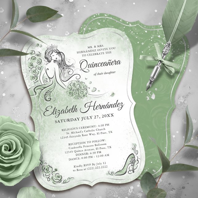 Convite Sage Green Silver Princess Quinceanera Birthday (Unique, downloadable silver and sage green quinceanera invitations on an editable DIY template.)