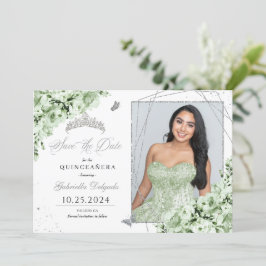Convite Sage Green Silver Quinceañera Salve A Foto Da Data