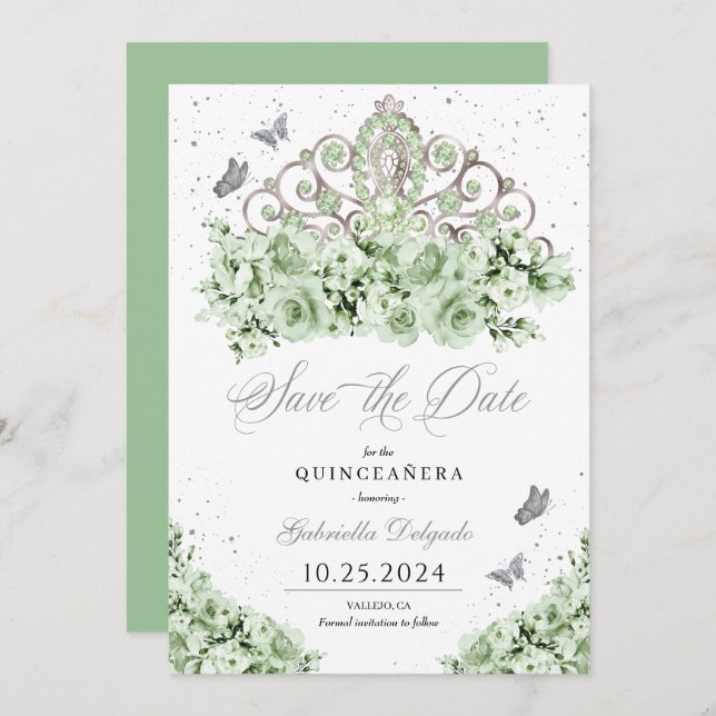 Convite Sage Green Silver Tiara Salve A Data Quinceañera (Frente/Verso)