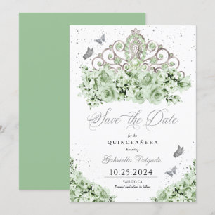Convite Sage Green Silver Tiara Salve A Data Quinceañera