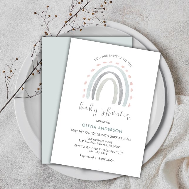 Convite Sage Green Simple Boho Rainbow Chá de fraldas (Sage Green Simple Boho Rainbow Girl Baby Shower Invitation)