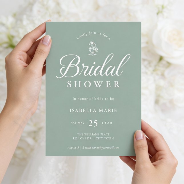 Convite Sage Green Simple Minimal Bridal Shower Invitation (Front of invite shown in 5 x 7 inches, choose size, paper, and corner style. Add a QR Code on back.
)