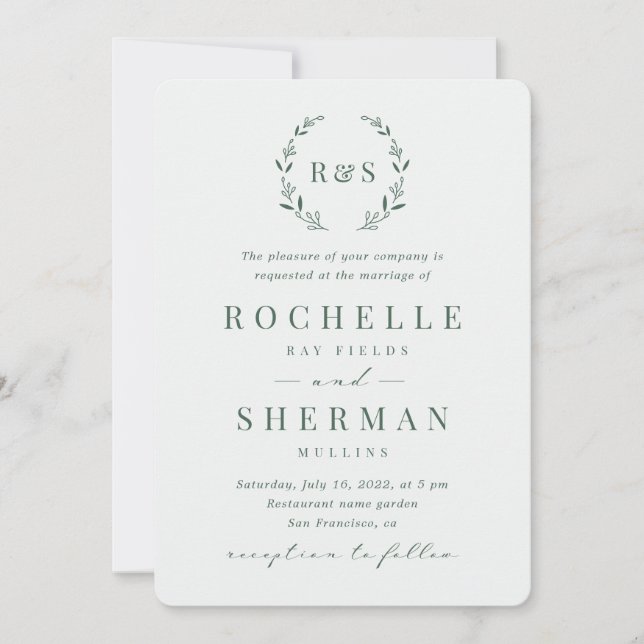 Convite Sage Green Simple Rustic Leaf Monograma Weding (Frente)