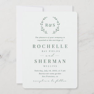 Convite Sage Green Simple Rustic Leaf Monograma Weding