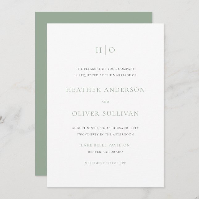 Convite Sage Green Simple Typografia Monograma Casamento (Frente/Verso)