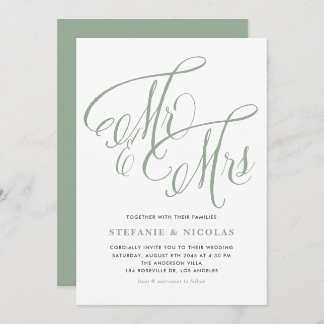 Convite Sage Green Sra. e Sra. Rustic Script Wedding (Frente/Verso)