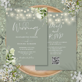Convite Sage Green String Lights Floral Código QR Casament