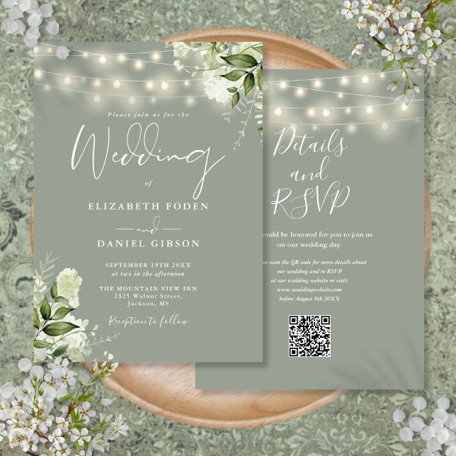 Convite Sage Green String Lights Floral Código QR Casament (Sage Green String Lights Floral QR Code Wedding Invitation)