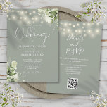 Convite Sage Green String Lights Floral Código QR Casament<br><div class="desc">Este convite elegante para casamento verde sábio,  com luzes bonito de cordas e verde floral,  pode ser personalizado com suas informações em tipografia quic com os detalhes do seu website de casamento e seu código QR no verso. Projetado por Thisnotme©</div>