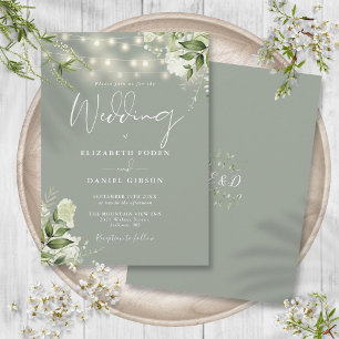 Convite Sage Green String Lights Floral Monograma Wedes