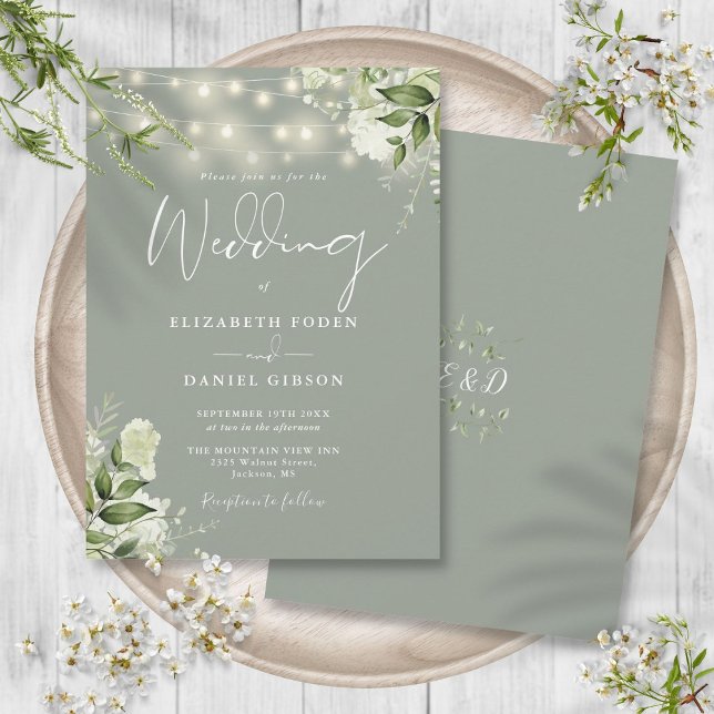 Convite Sage Green String Lights Floral Monograma Wedes (Sage Green String Lights Floral Monogram Wedding Invitation)