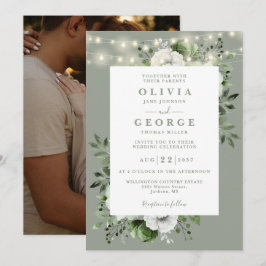 Convite Sage Green String Lights Floral Photo Casamento