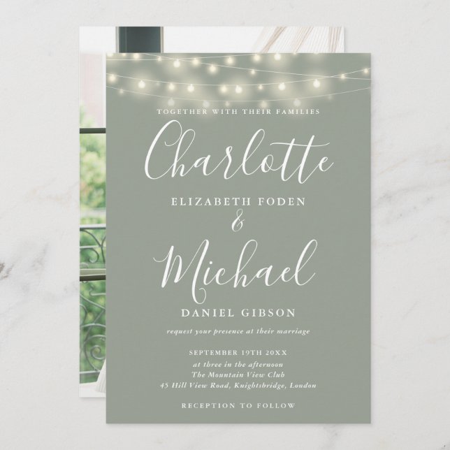 Convite Sage Green String Lights Script Foto Casamento (Frente/Verso)