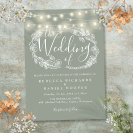 Convite Sage Green String Lights Script Weding