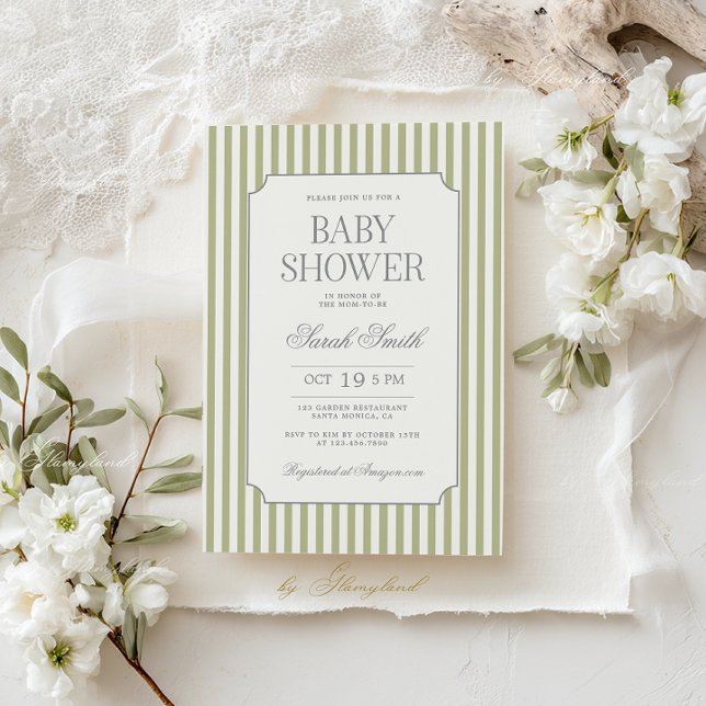 Convite Sage Green Stripe Baby Shower Invitation (Criador carregado)