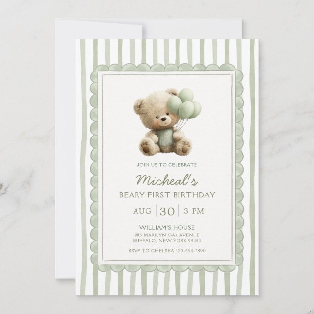 Convite Sage Green Stripe Beary First Birthday  (Frente)