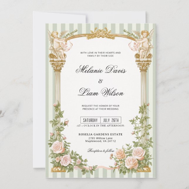 Convite Sage Green Stripe Cherub Floral Arch Wedding (Frente)