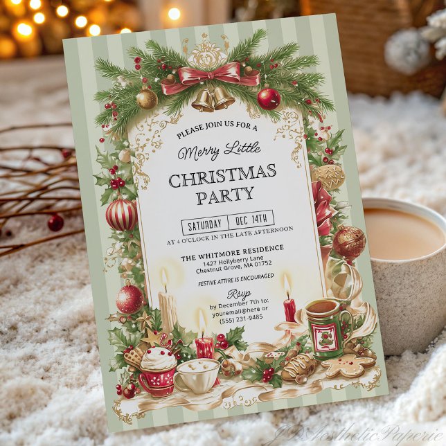 Convite Sage Green Stripe Merry Little Christmas Party  (Criador carregado)