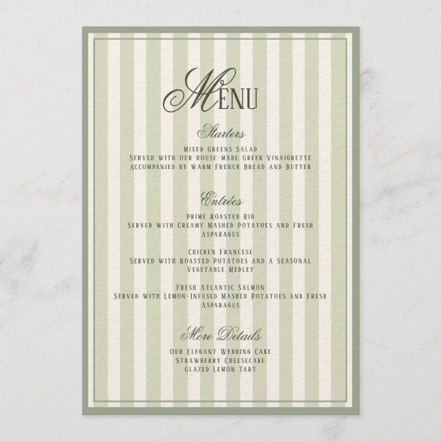 Convite Sage Green Striped Wedding Menu  Card (Frente)