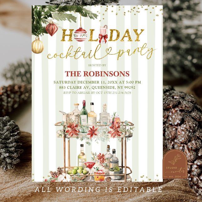 Convite Sage Green Stripes Christmas Holiday Cocktail (Criador carregado)