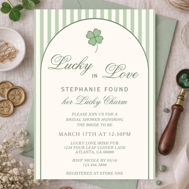 Convite Sage Green Stripes Lucky in Love Bridal Shower (Criador carregado)