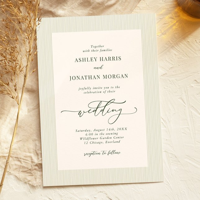 Convite Sage Green Stripes Wedding Invitation (Criador carregado)