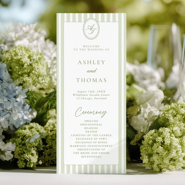 Convite Sage Green Stripes Wedding Program (Criador carregado)