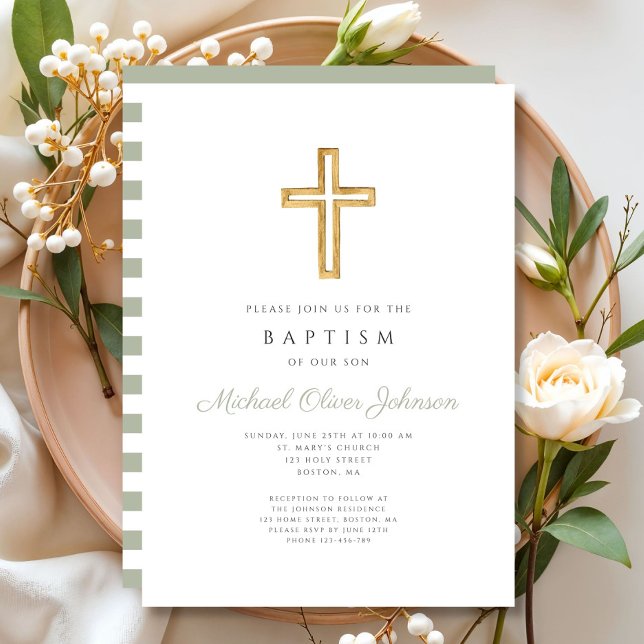 Convite Sage Green Strips Religioso Cruzando Batismo (Sage Green Stripes Religious Wood Cross Baptism Invitation)